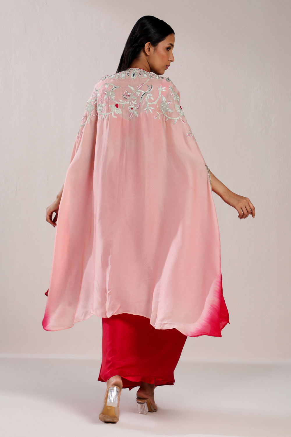 RED RESHAM BLOUSE WITH DRAPED SKIRT & CAPE