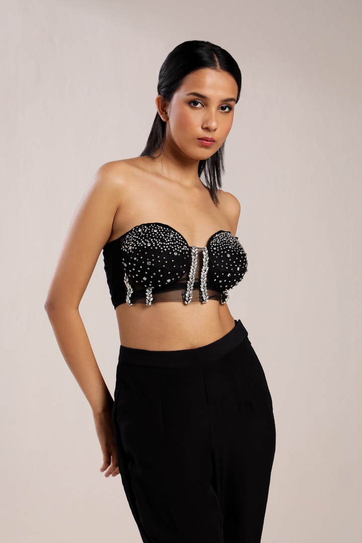 BLACK EMBROIDERED BUSTIER WITH PANTS