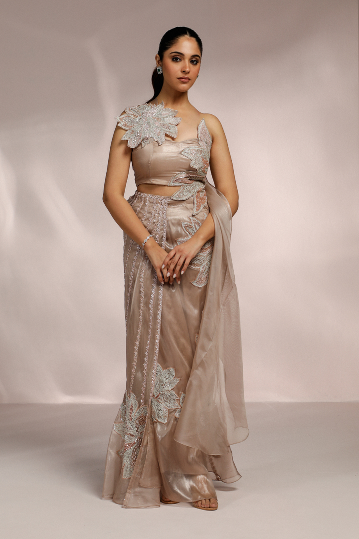CHAMPAGNE FLORAL EMBROIDERED DRAPED SAREE