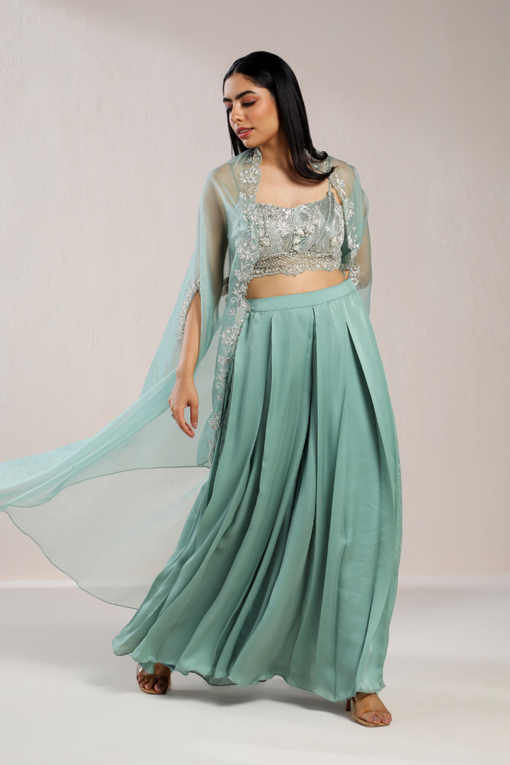 MINT GREEN PLEATED PLAZZO AND CAPE