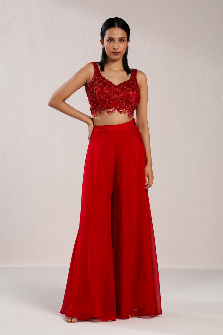 RED EMBROIDERED BLOUSE AND SHARARA SET