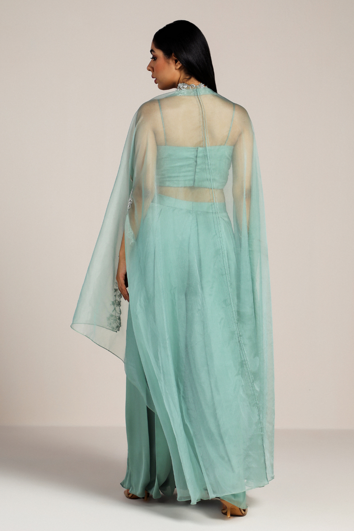 MINT GREEN PLEATED PLAZZO AND CAPE