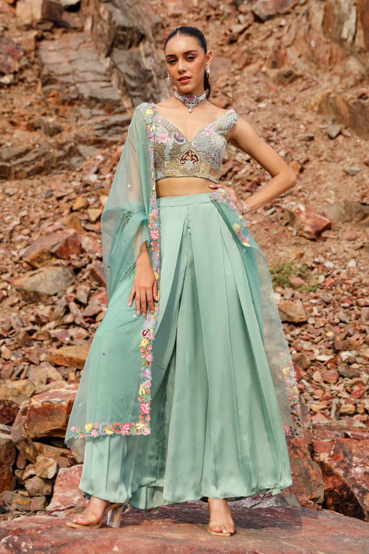 FLAMINGO GREEN LEHENGA SET