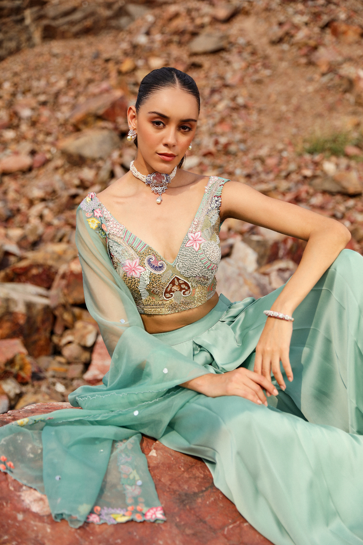 FLAMINGO GREEN LEHENGA SET