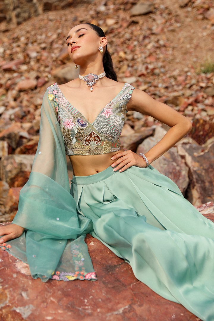 FLAMINGO GREEN LEHENGA SET