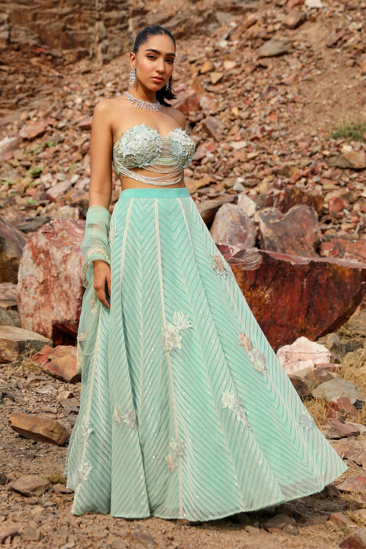 Chahat tandon in BLUE CHEVRON LEHENGA SET