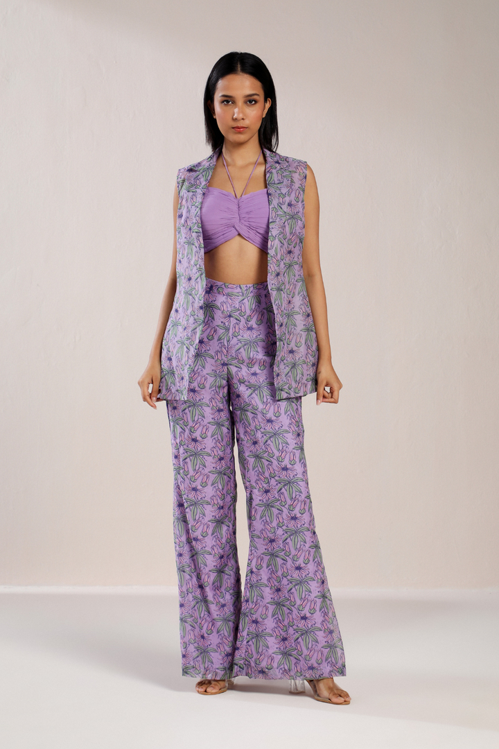 LAVENDER PLEATED BLOUSE WITH PRINTED JACKET AND PANTS