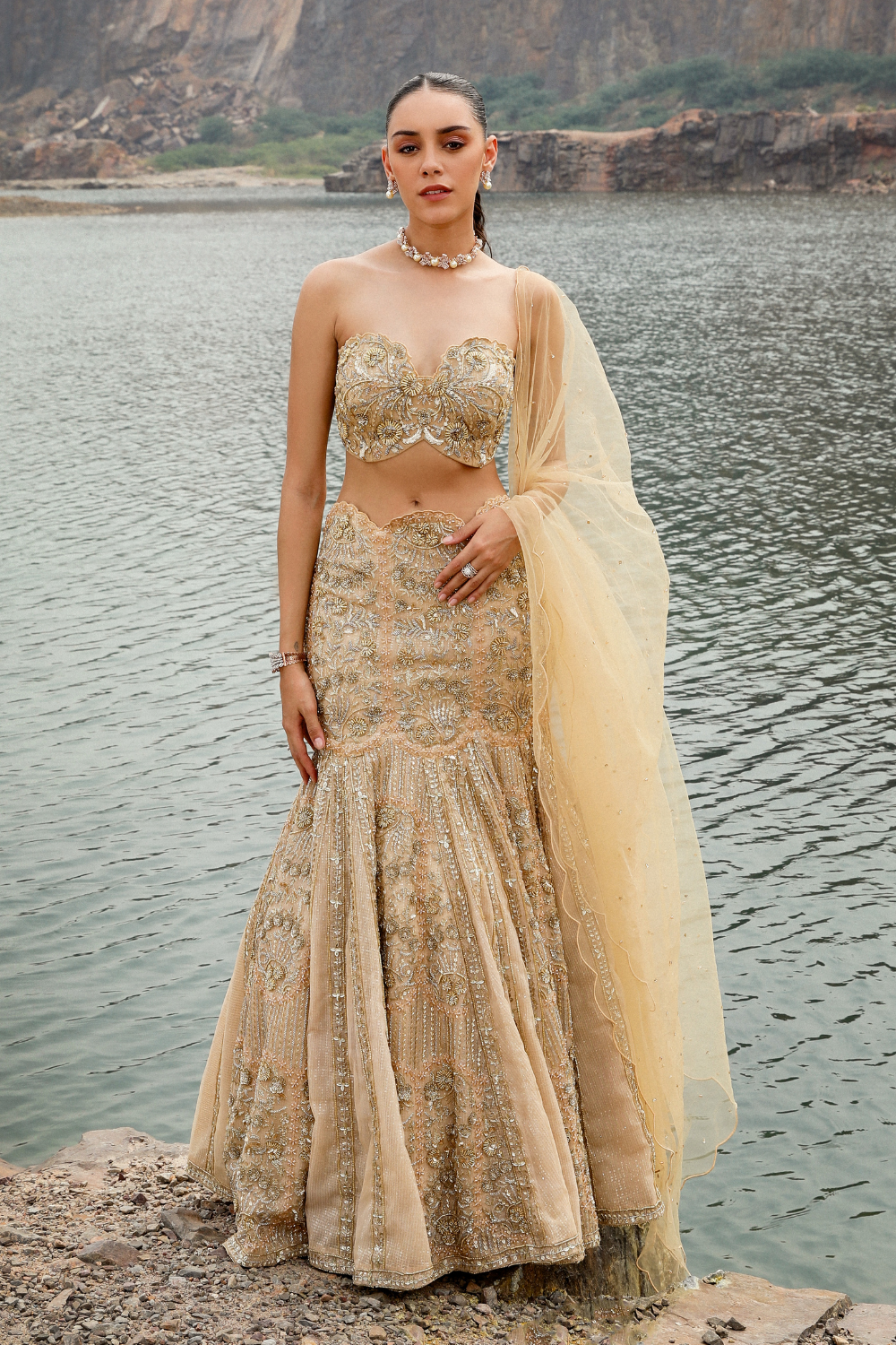 Sukhmani Gambhir in GOLD FISH CUT LEHENGA SET