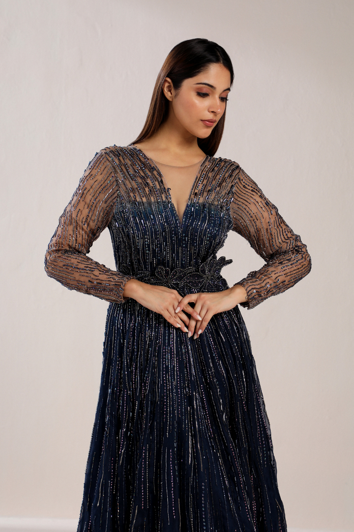 NAVY BLUE EMBROIDERED SEQUIN GOWN