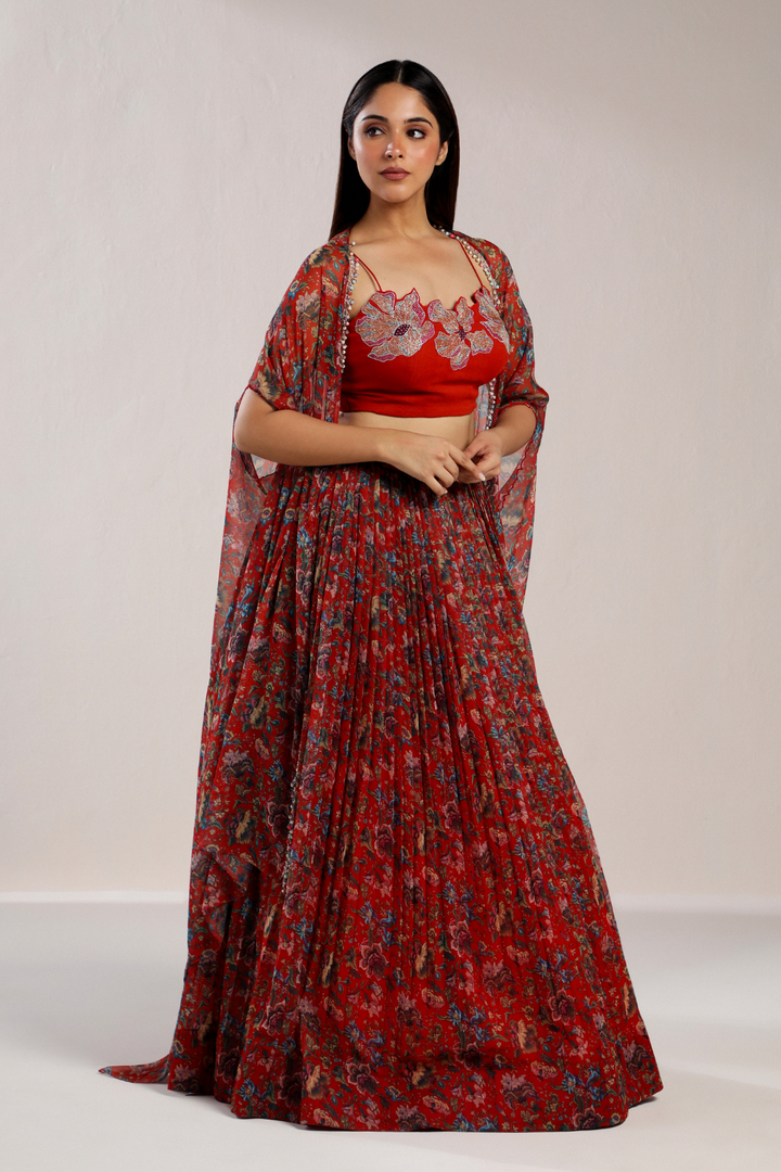 RED PRINTED FLORAL LEHENGA WITH CAPE