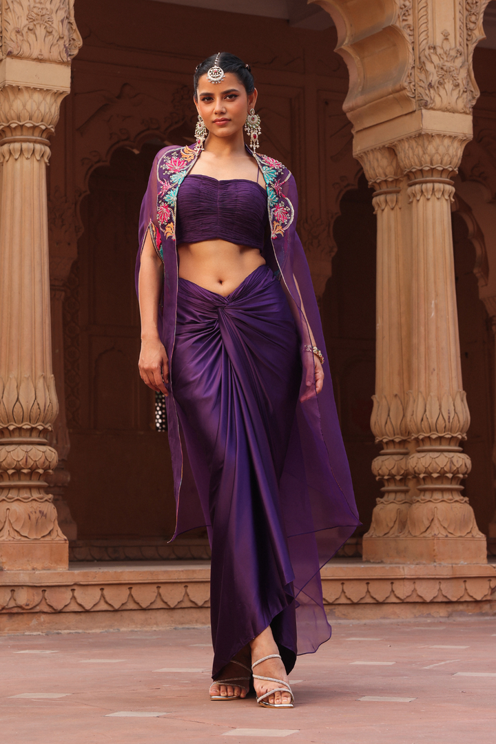 Purple Chakra dhoti cape set