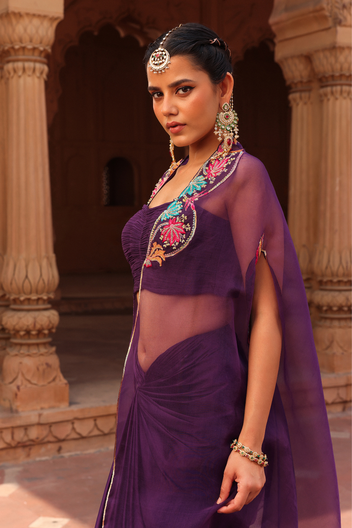 Purple Chakra dhoti cape set