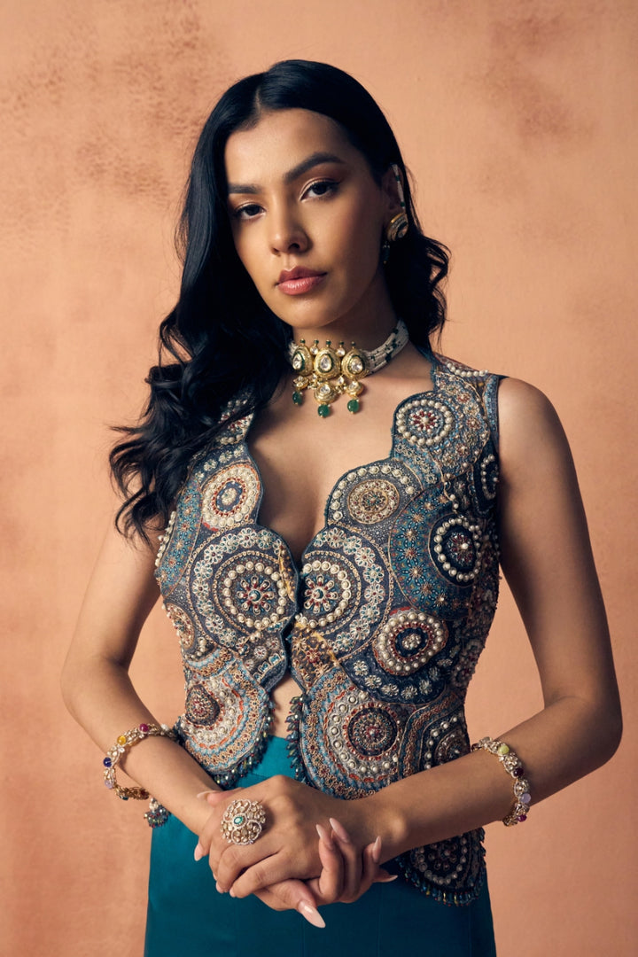 Chakra waistcoat drape skirt set