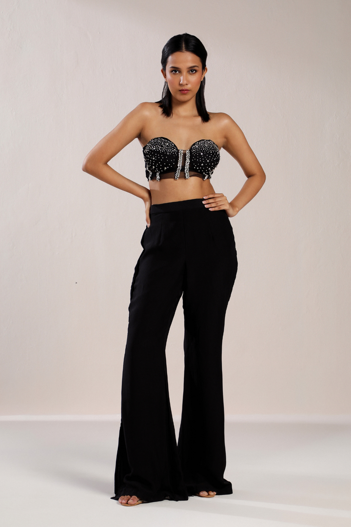 BLACK EMBROIDERED BUSTIER WITH PANTS