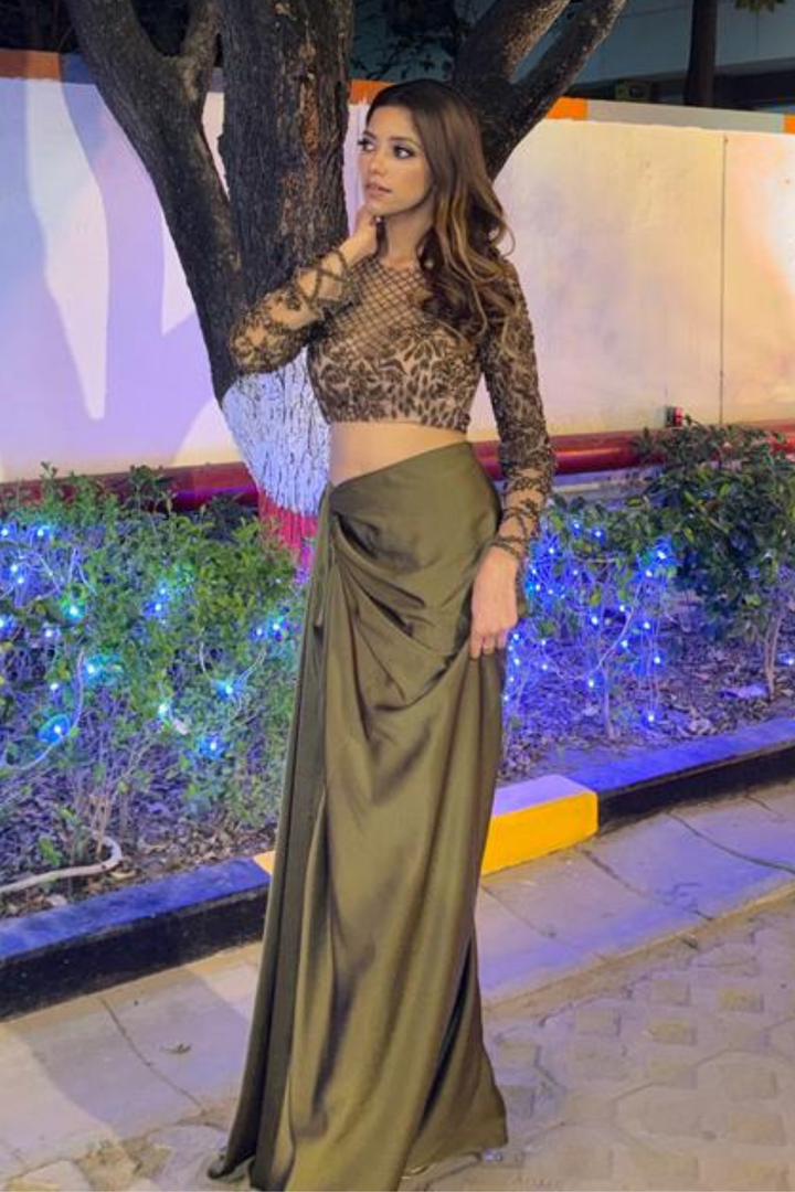 Vanshika Mehta in OLIVE GREEN DRAPE SKIRT AND BLOUSE