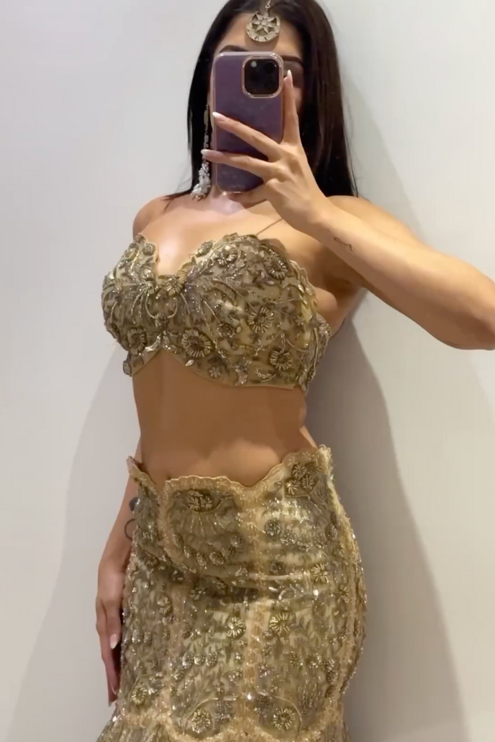 Sukhmani Gambhir in GOLD FISH CUT LEHENGA SET