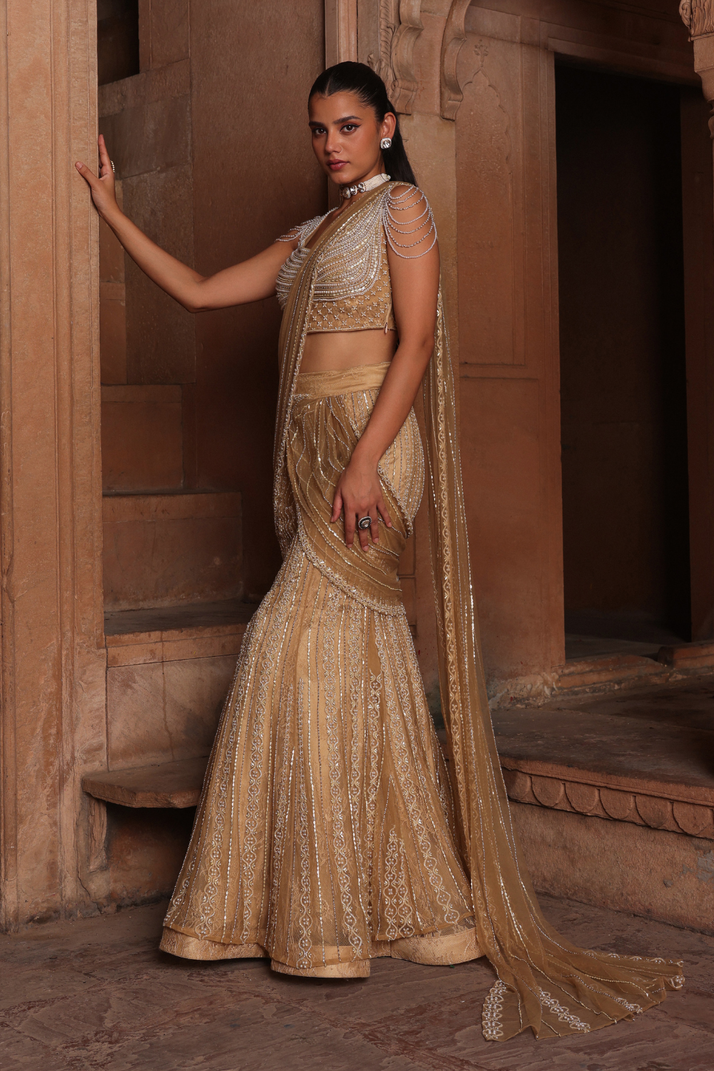 Golden fish draped saree