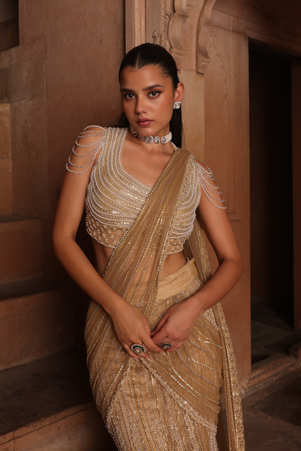 Golden fish draped saree