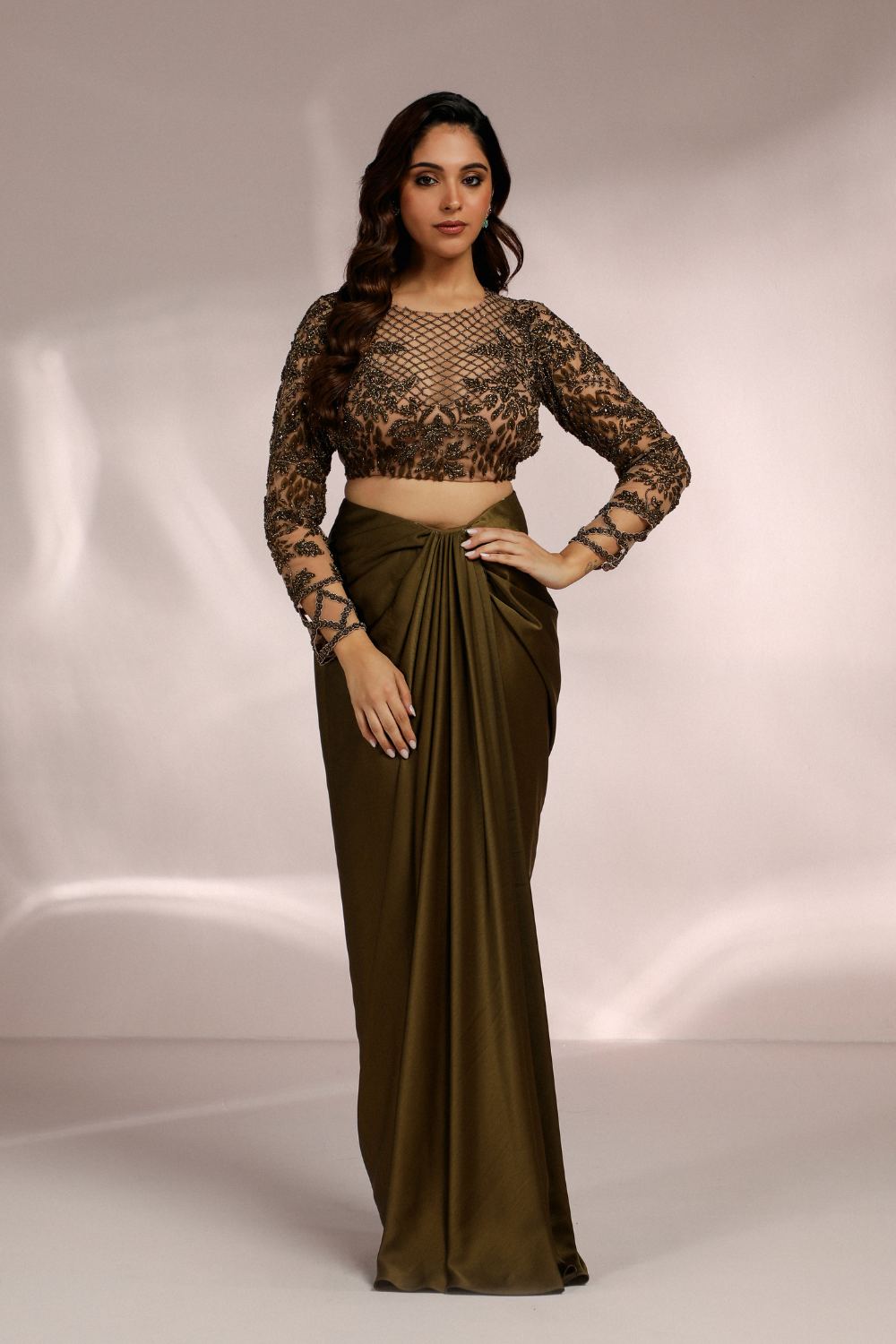 Vanshika Mehta in OLIVE GREEN DRAPE SKIRT AND BLOUSE