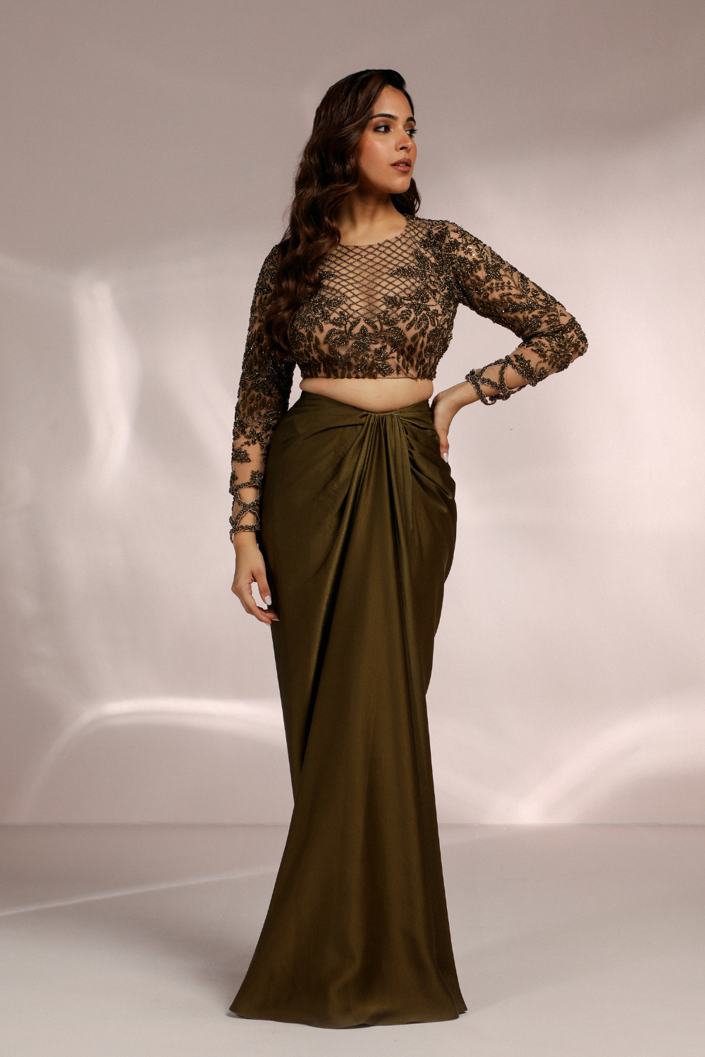 Vanshika Mehta in OLIVE GREEN DRAPE SKIRT AND BLOUSE