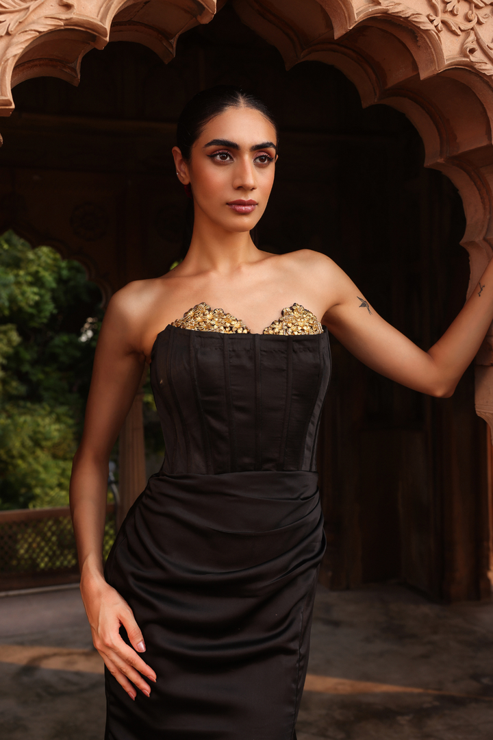 Black corset draped gown