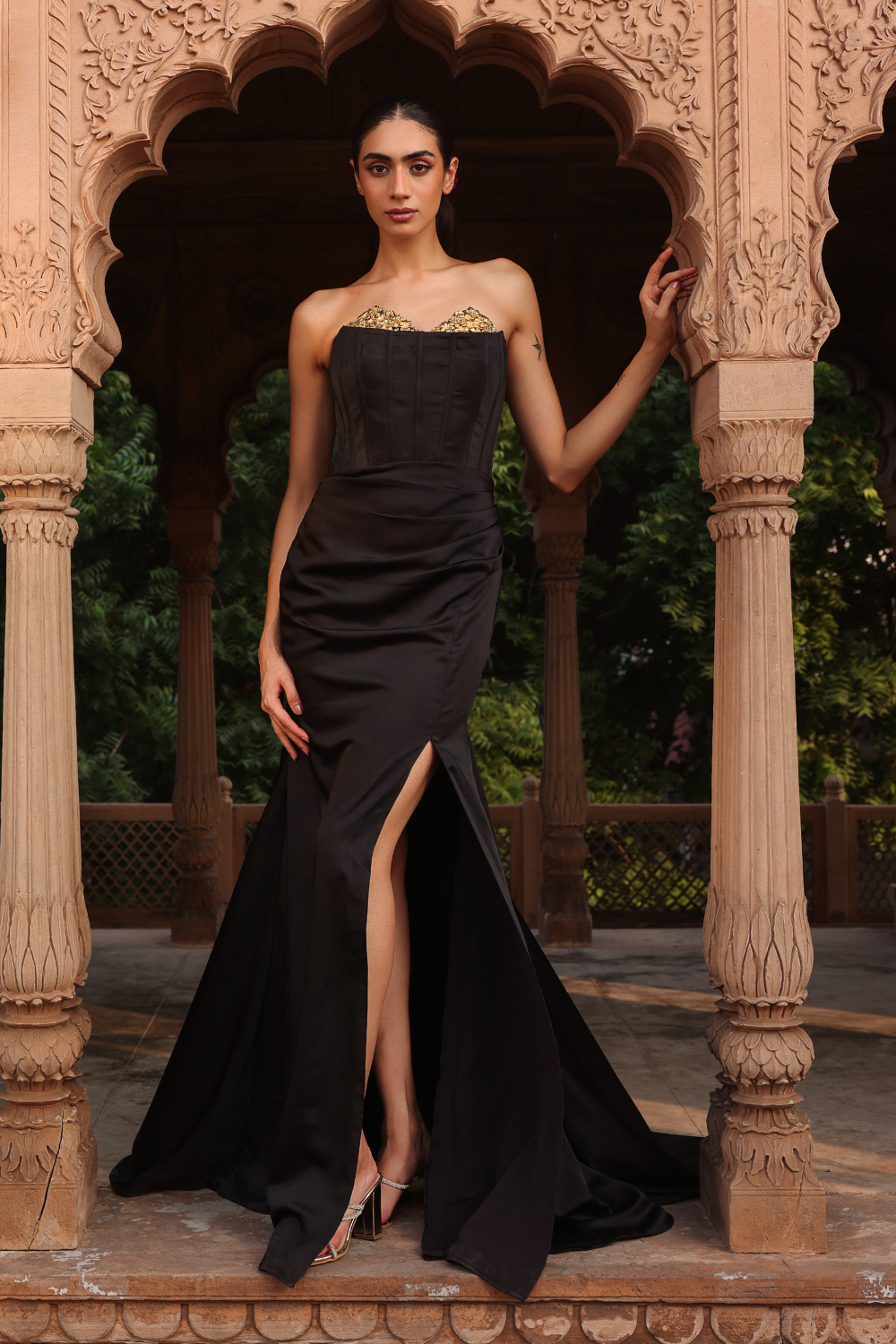 Black corset draped gown