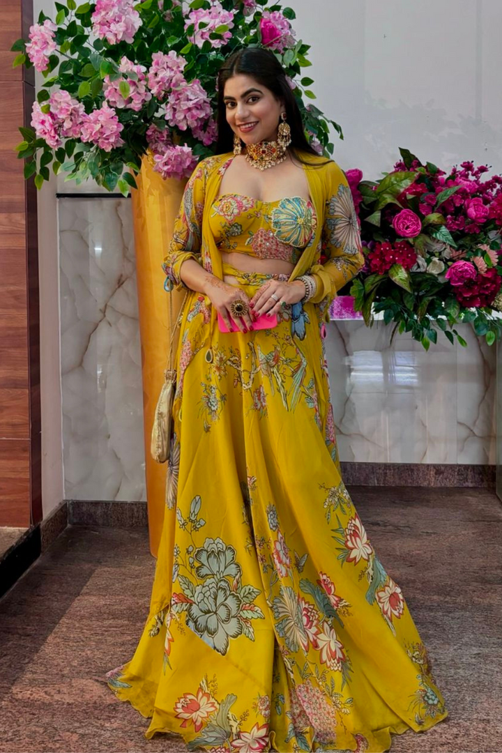 Shiveeka Nirula in Khwaish yellow skirt jacket set