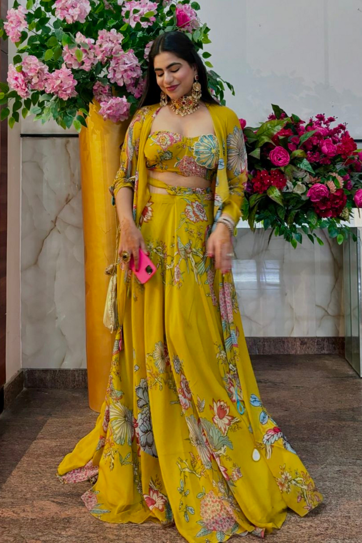 Shiveeka Nirula in Khwaish yellow skirt jacket set