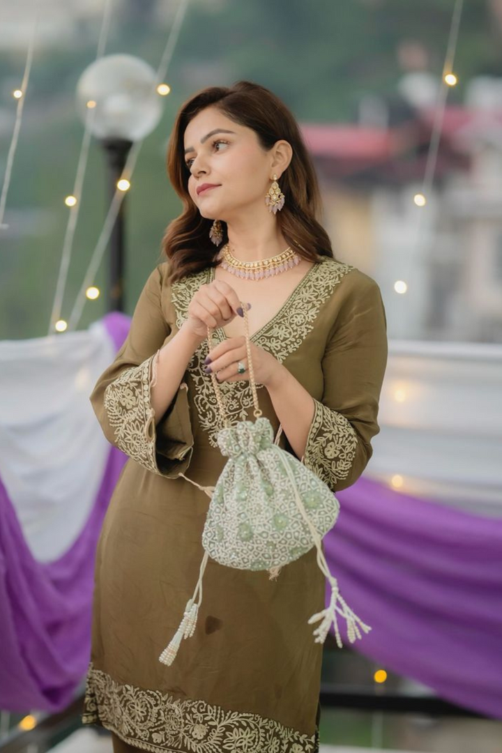 Rubina Dilaik in Olive green aari suit