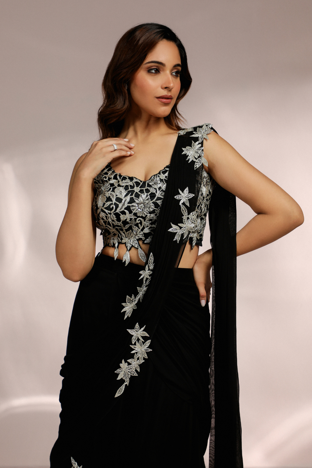 BLACK PLEATED DOUBLE LAYERED FISH CUT SAREE WITH CUTWORK BLOUSE