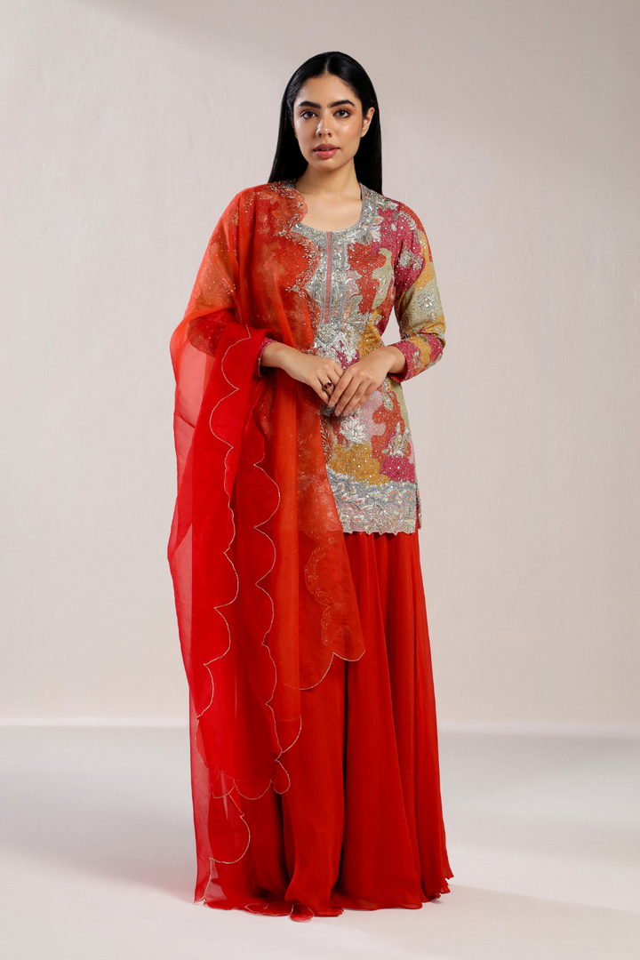 RED FLORAL KURTA AND PLAZZO SET