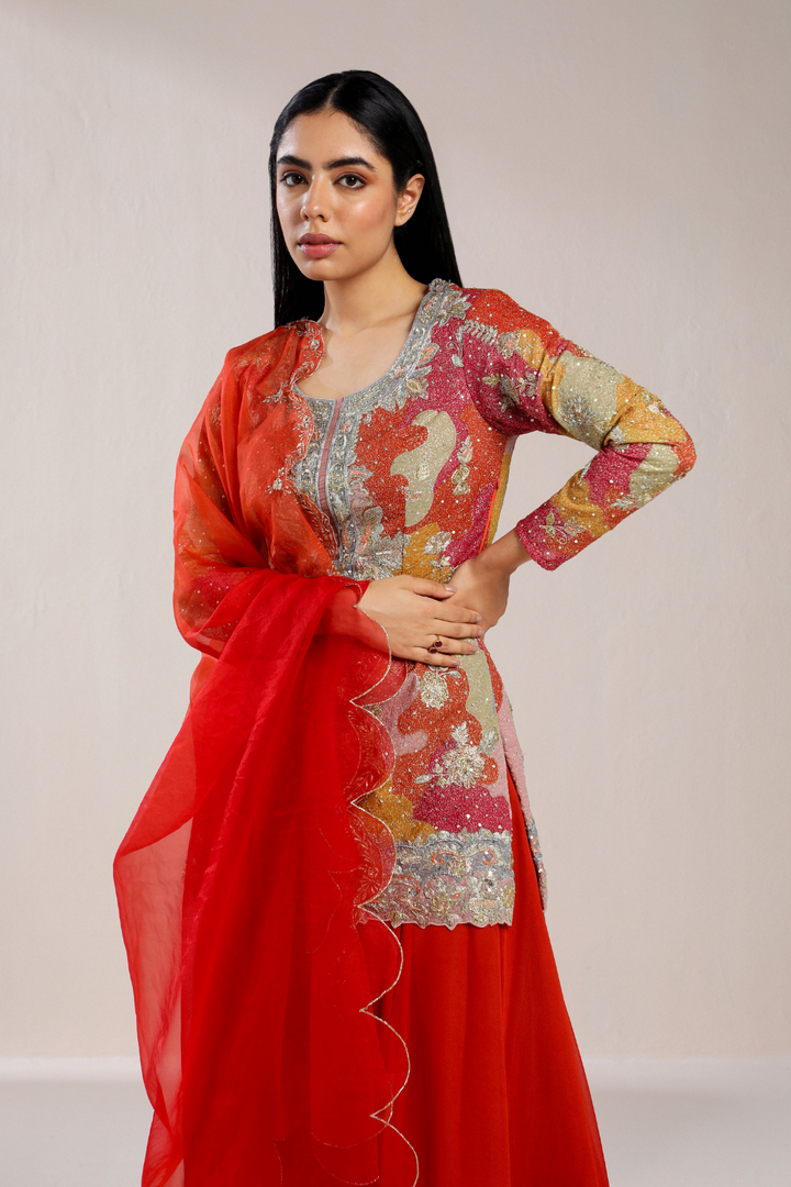 RED FLORAL KURTA AND PLAZZO SET