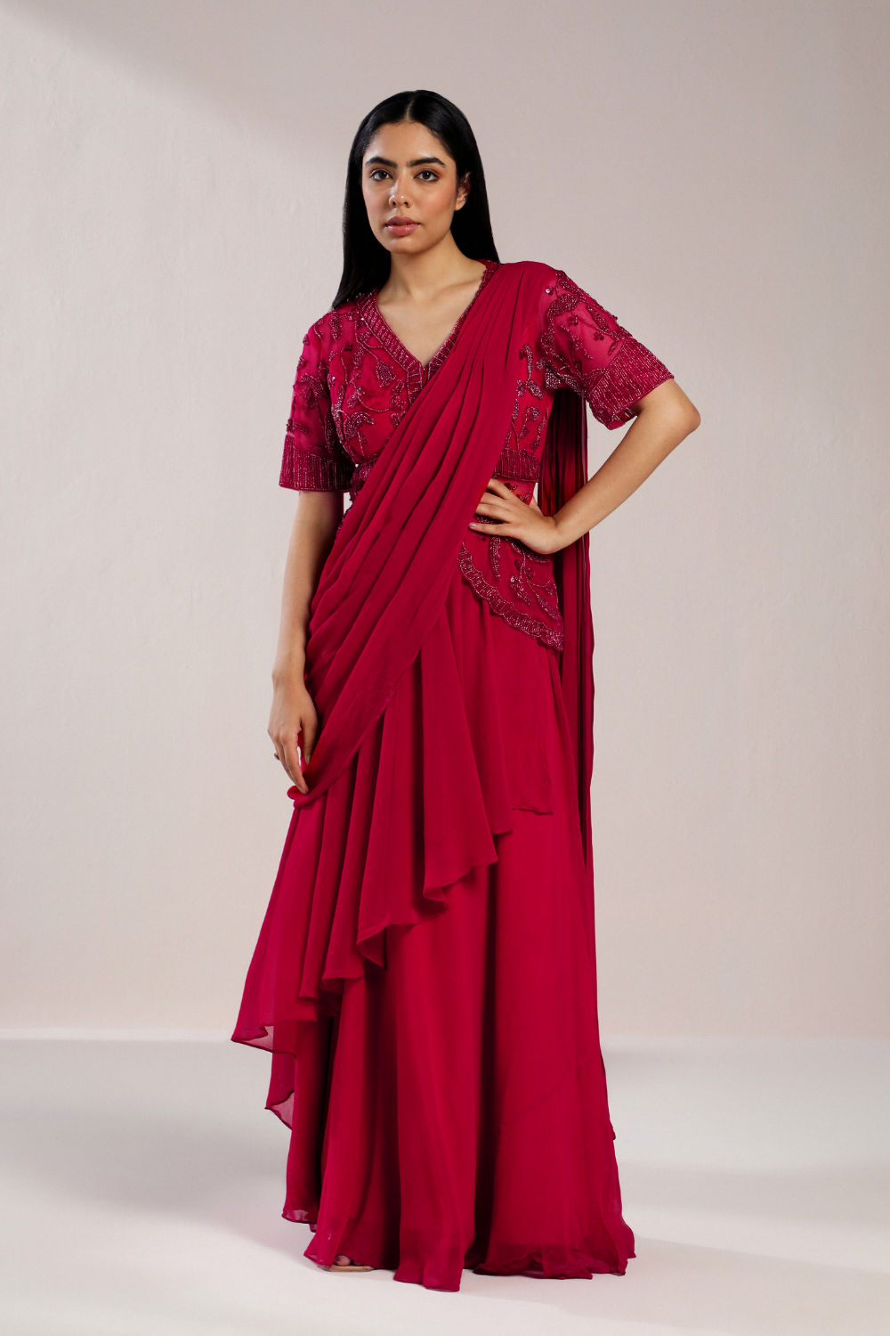 Red Ruffle Saree RED RUFFLE SAREE WITH EMBROIDERED BLOUSE – Label Moni K