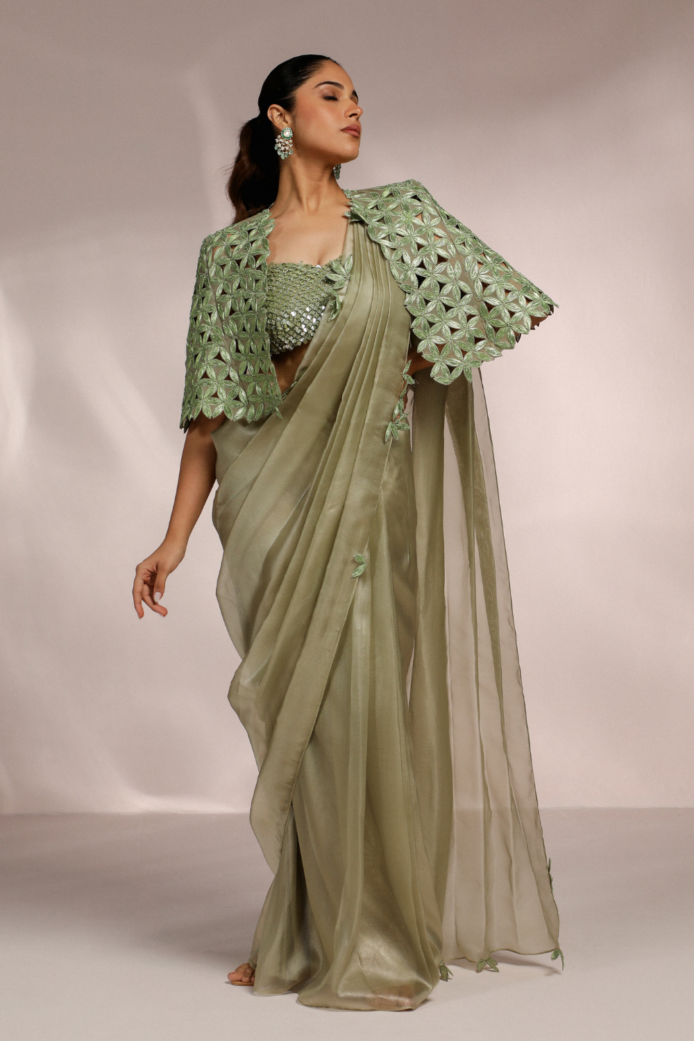PRE STITCH SAREE WITH BUSTIER AND CAPE JACKET SET
