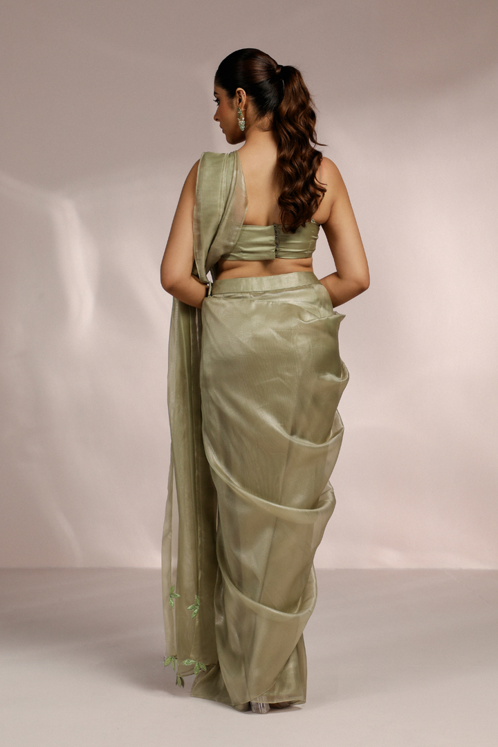 PRE STITCH SAREE WITH BUSTIER AND CAPE JACKET SET