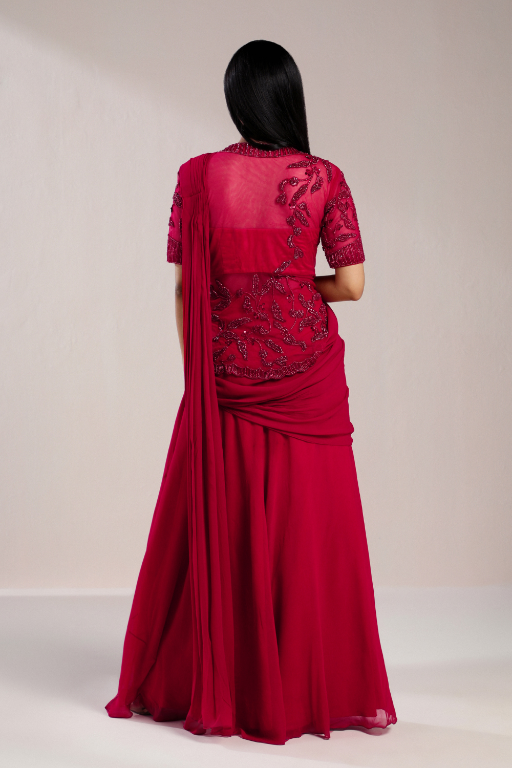 RED RUFFLE SAREE WITH EMBROIDERED BLOUSE