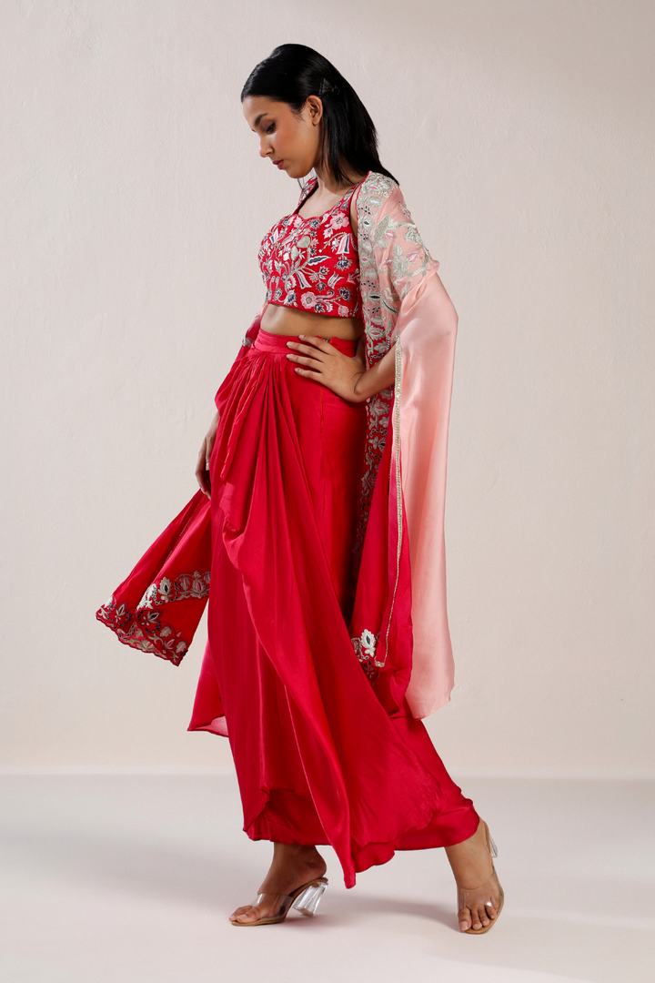 RED RESHAM BLOUSE WITH DRAPED SKIRT & CAPE