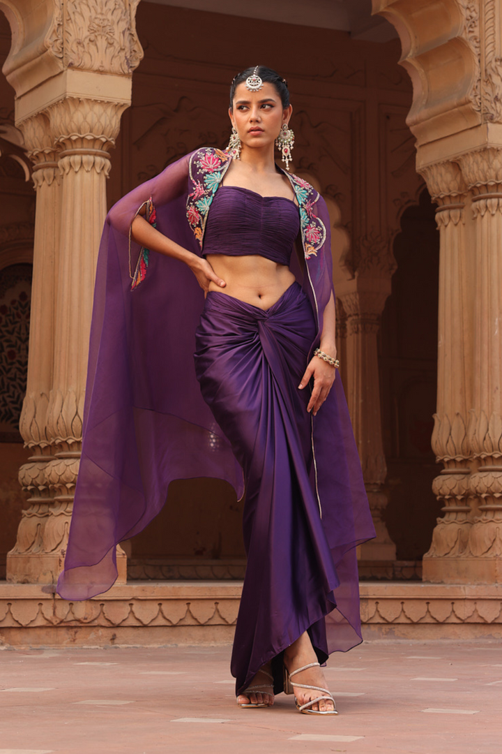 Purple Chakra dhoti cape set